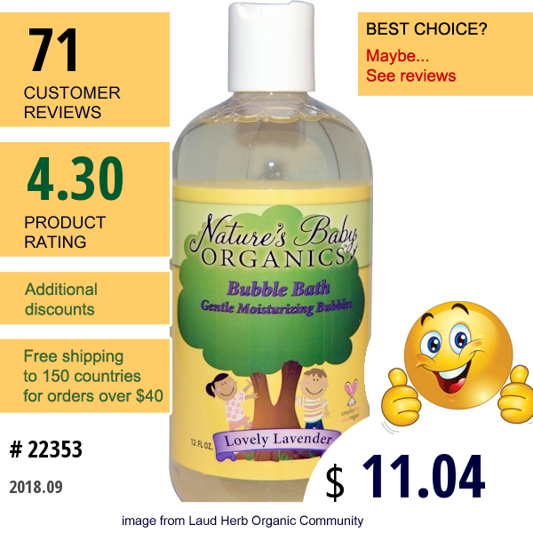 Natures Baby Organics, Bubble Bath, Gentle Moisturizing Bubbles, Lovely Lavender, 12 Fl Oz (355 Ml)