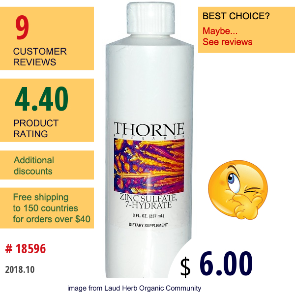 Thorne Research, Zinc Sulfate, 7-Hydrate, 8 Fl Oz (237 Ml) Thorne Research, Zinc Sulfate, 7-Hydrate, 8 Fl Oz (237 Ml)