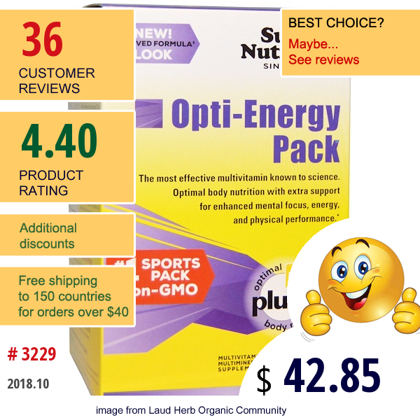 Super Nutrition, Opti-Energy Pack, Multivitamin/multimineral Supplement, Iron- Free, 30 Packets (6 Tabs Each)  