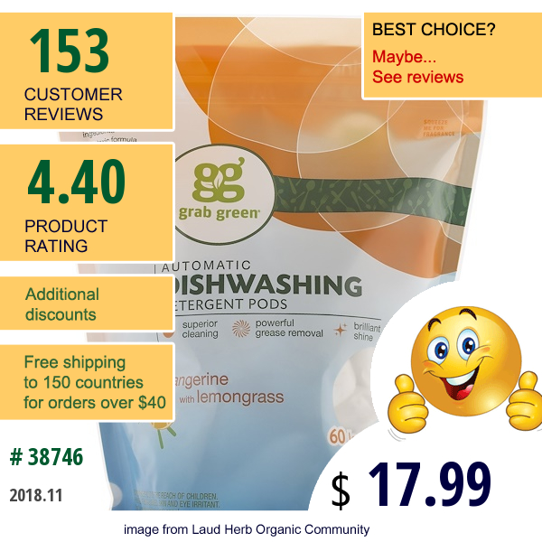 Grabgreen, Automatic Dishwashing Detergent Pods, Tangerine With Lemongrass, 60 Loads, 2Lbs, 6Oz (1,080 G)