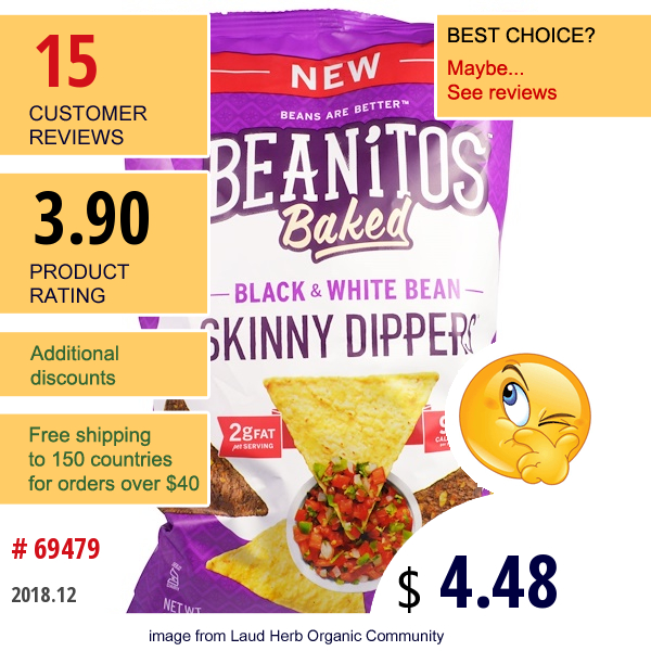 Beanitos, Baked, Black & White Bean Tortilla Chips, Skinny Dippers, 10 Oz (283 G)  