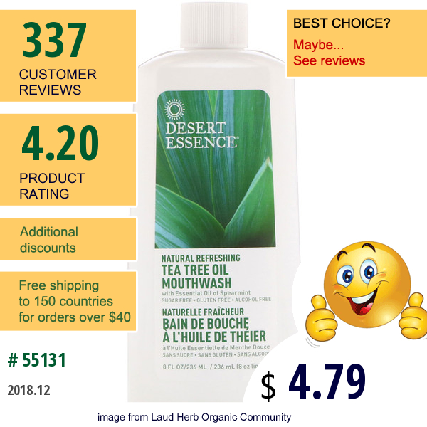 Desert Essence, Tea Tree Oil Mouthwash, Natural Refreshing, 8 Fl Oz (236 Ml)