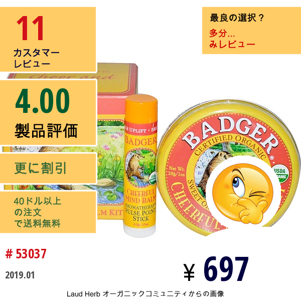 Badger Company, チアフルマインド バーム（香油）キット（Cheerful Mind Balm Kit）, 陽気＆高揚のためのアロマセラピーキット, 2個セット  