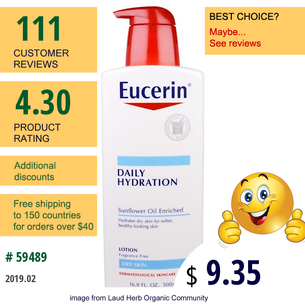 Eucerin, Daily Hydration, Lotion, Fragrance Free, 16.9 Fl Oz (500 Ml)