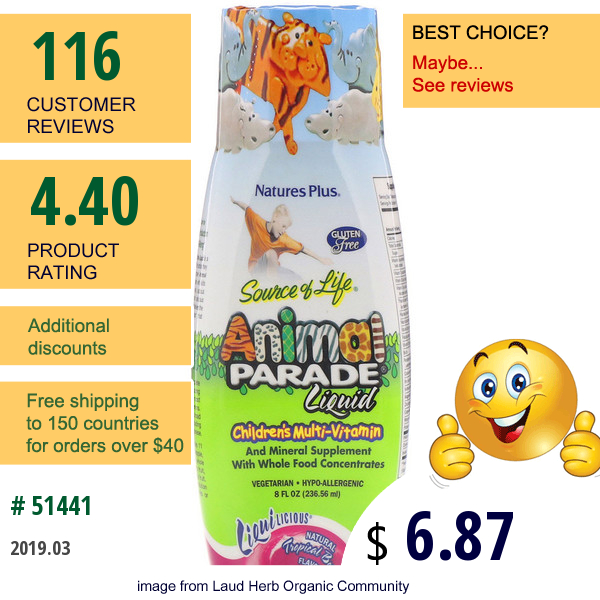 Natures Plus, Source Of Life, Animal Parade Liquid, Childrens Multi-Vitamin, Natural Tropical Berry Flavor, 8 Fl Oz (236.56 Ml)