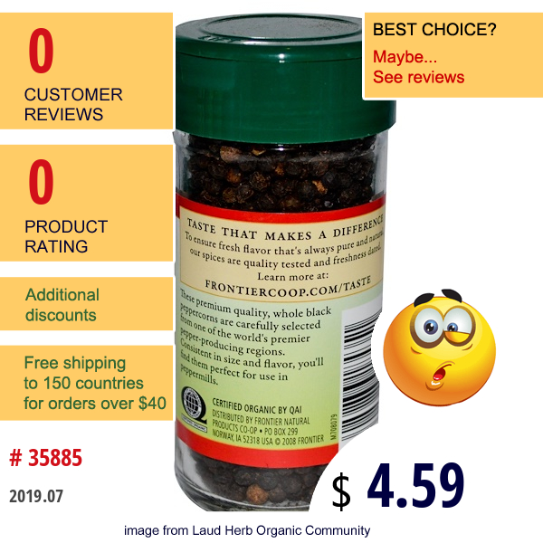 Frontier Natural Products, Organic Black Peppercorns, Whole, 2.12 Oz (60 G)  