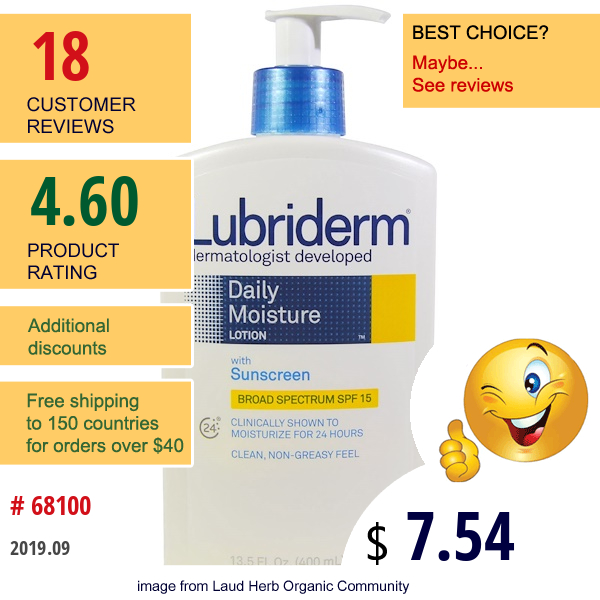 Lubriderm, Daily Moisture Lotion With Sunscreen, Spf 15, 13.5 Fl Oz (400 Ml)  