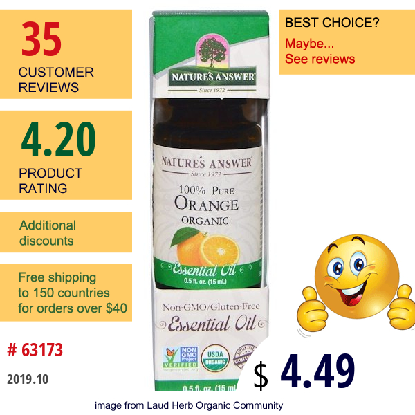 Nature'S Answer, Organic Essential Oil, 100% Pure Orange, 0.5 Fl Oz (15 Ml)