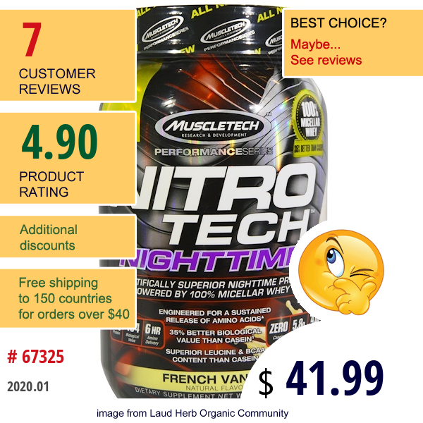 Muscletech, Nitro Tech, Nighttime Protein, French Vanilla, 2.00 Lbs (907 G)  