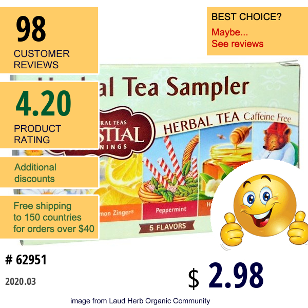 Celestial Seasonings, Herbal Tea Sampler, Caffeine Free, 5 Flavors, 18 Tea Bags, 1.0 Oz (30 G)