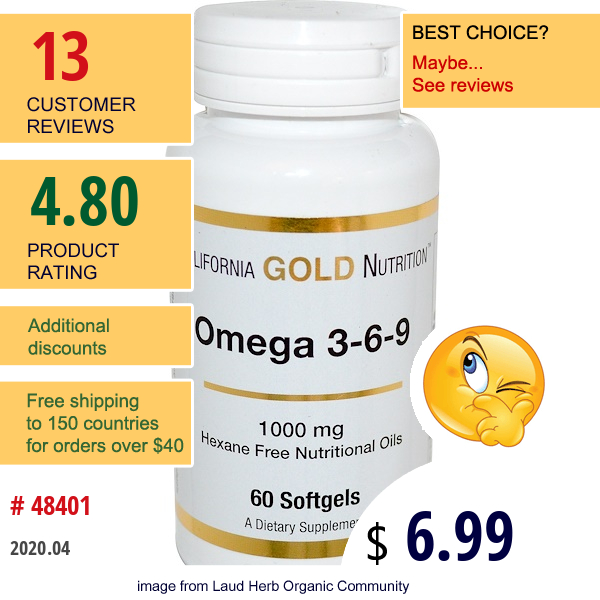 California Gold Nutrition, Omega 3-6-9, 1000 Mg, 60 Softgels  