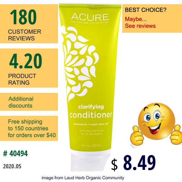 Acure, Clarifying Conditioner, Lemongrass + Argan Stem Cell, 8 Fl Oz (235 Ml)  