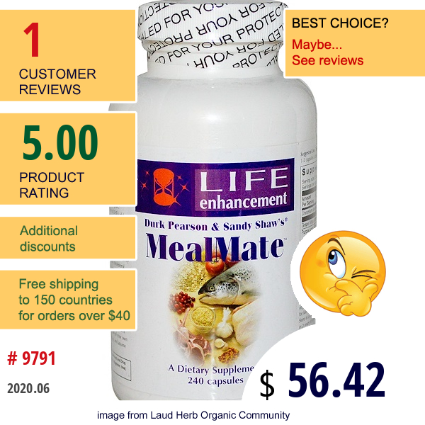 Life Enhancement, Durk Pearson & Sandy Shaw'S, Mealmate, 240 Capsules  