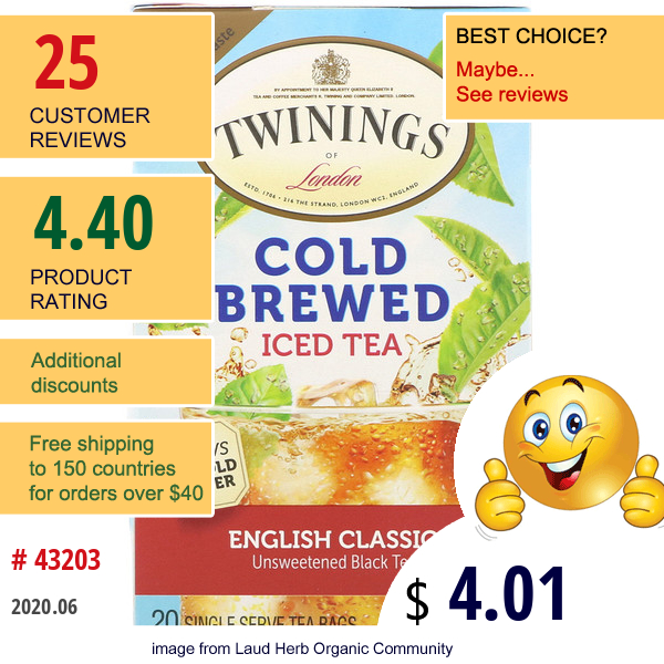 Twinings, Cold Brewed Iced Tea, English Classic, 20 Tea Bags, 1.41 Oz (40 G)