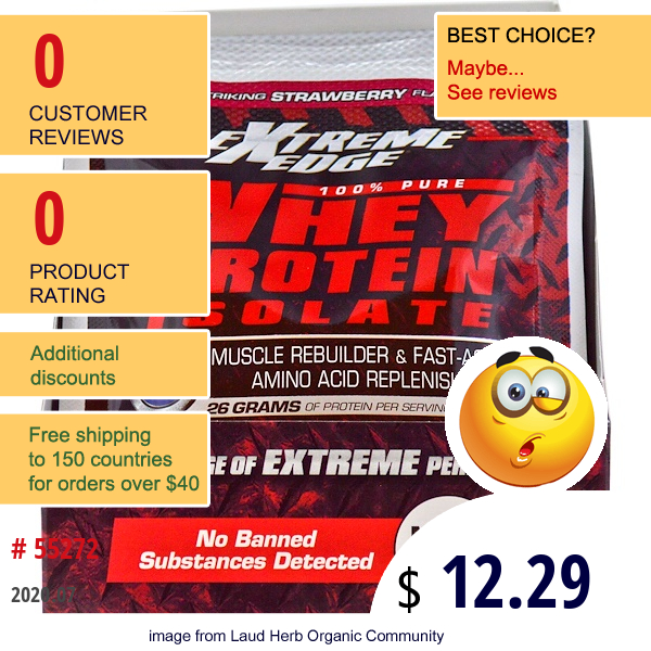Bluebonnet Nutrition, Extreme Edge Whey Protein Isolate, Striking Strawberry Flavor, 7 Packets, 1.16 Oz (33 G) Each  