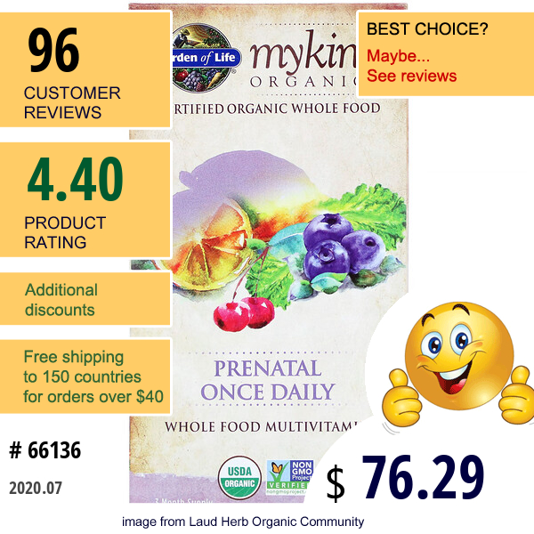 Garden Of Life, Mykind Organics, Prenatal Once Daily, 90 Vegan Tablets