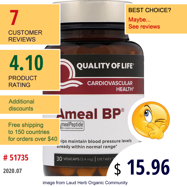 Quality Of Life Labs, Ameal Bp, Cardiovascular Health, 3.4 Mg, 30 Vegicaps