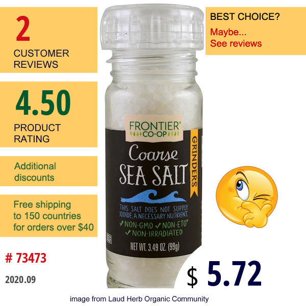 Frontier Natural Products, Coarse Sea Salt, Grinder, 3.49 Oz (99 G)  