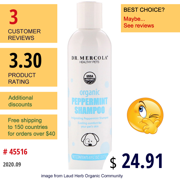 Dr. Mercola, Healthy Pets, Organic Peppermint Shampoo, For Dogs, 8 Fl Oz (237 Ml)