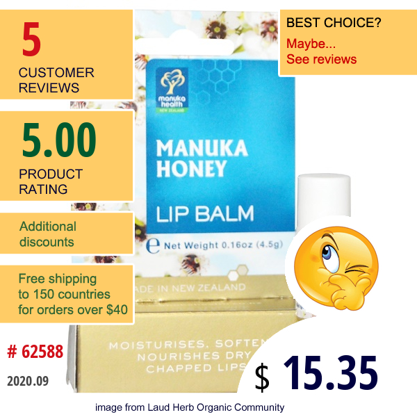 Manuka Health, Manuka Honey Lip Balm, 0.16 Oz (4.5 G)  