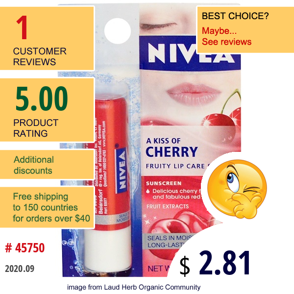 Nivea, A Kiss Of Cherry, Fruity Lip Care, Spf 10, 0.17 Oz (4.8 G)  