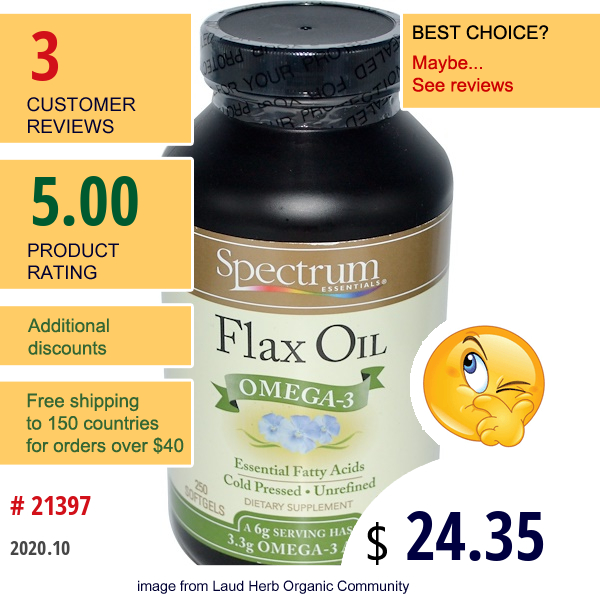 Spectrum Essentials, Flax Oil, Omega-3, 250 Softgels  