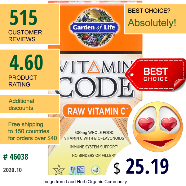 Garden Of Life, Vitamin Code, Raw Vitamin C, 500 Mg, 120 Vegan Capsules