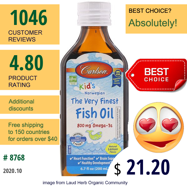 Carlson Labs, Kid'S Norwegian, The Very Finest Fish Oil, Natural Lemon Flavor, 800 Mg, 6.7 Fl Oz (200 Ml)