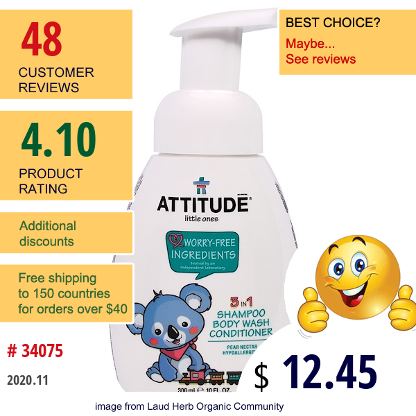 Attitude, Little Ones, 3 In 1 Shampoo Body Wash Conditioner, Pear Nectar, 10 Fl Oz (300 Ml)  