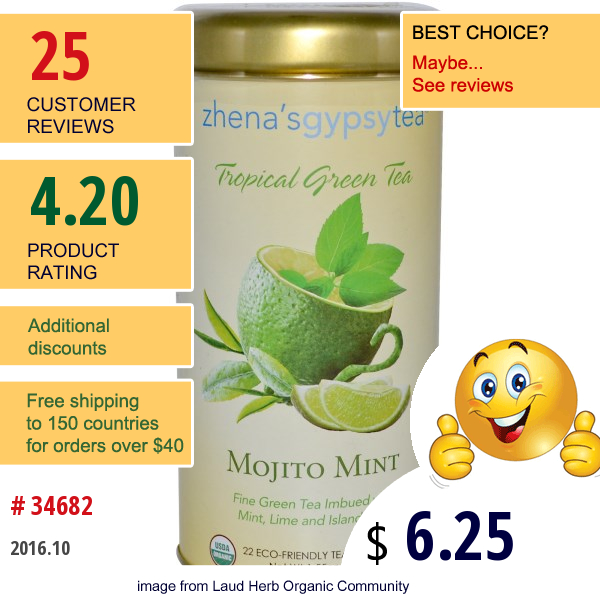 Zhenas Gypsy Tea, Tropical Green Tea, Mojito Mint, 22 Sachets, 1.55 Oz (44 G)  