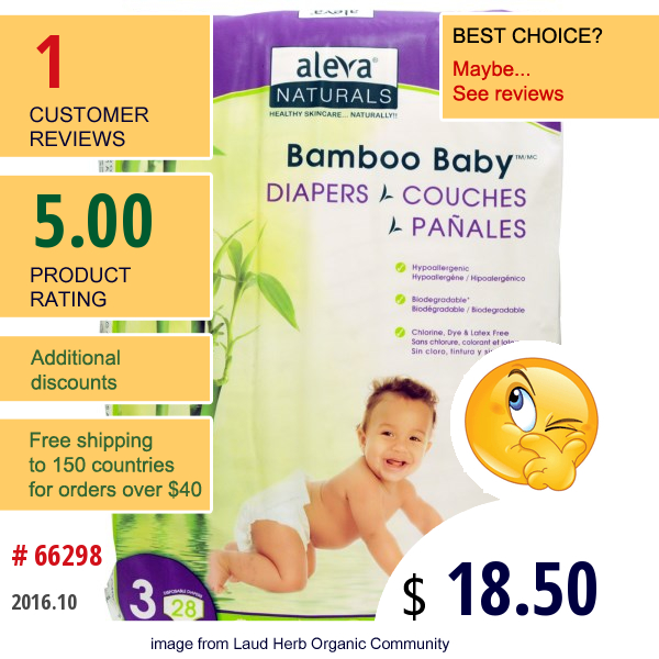 Aleva Naturals, Bamboo Baby Diapers, Size 3, 13-24 Lbs (6-11 Kg), 28 Disposable Diapers  