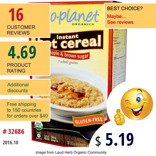 Eco Planet, Instant Oatmeal, Maple & Brown Sugar, 6 Packets, 1.41 Oz (40 G) Each  