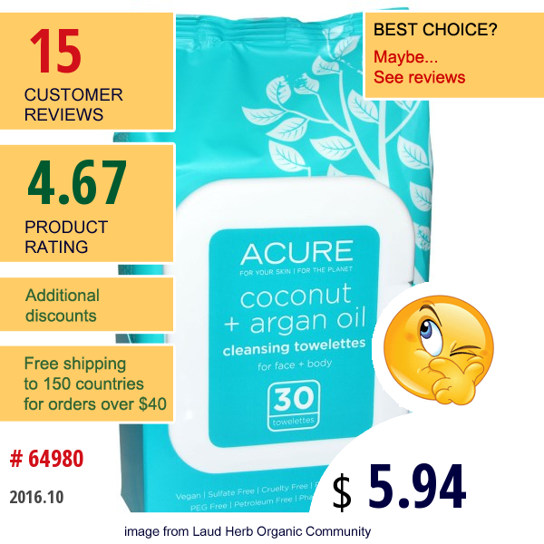 Acure Organics, Coconut + Argan Oil Cleansing Towelettes, 30 Towelettes  