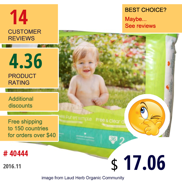 Seventh Generation, Baby, Free & Clear Diapers, Size 2, 12-18 Pounds, 5-8 Kg, 36 Diapers  