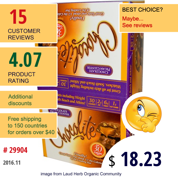 Healthsmart Foods, Inc., Chocolite, Chocolate Pecan Clusters, 16 (2-Piece Packs), .84 Oz (24 G) Each  
