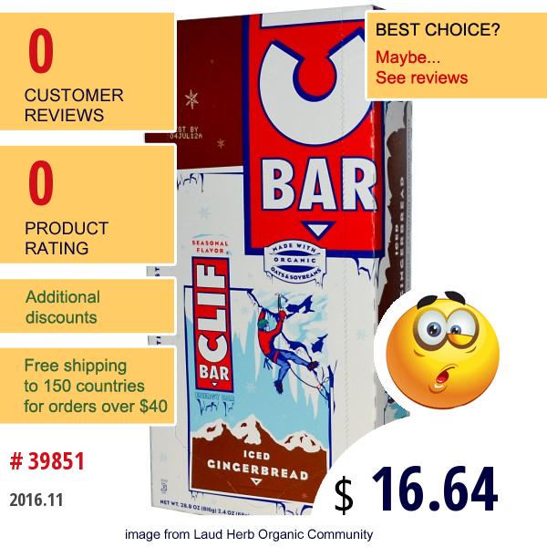 Clif Bar, Energy Bars, Iced Gingerbread, 12 Bars, 2.4 Oz (68 G) Per Bar  