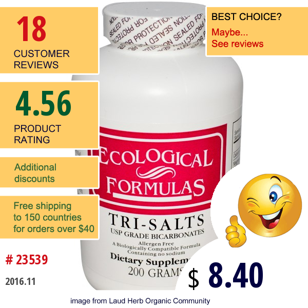 Cardiovascular Research Ltd., Ecological Formulas, Tri-Salts, Usp Grade Bicarbonates, 200 G  