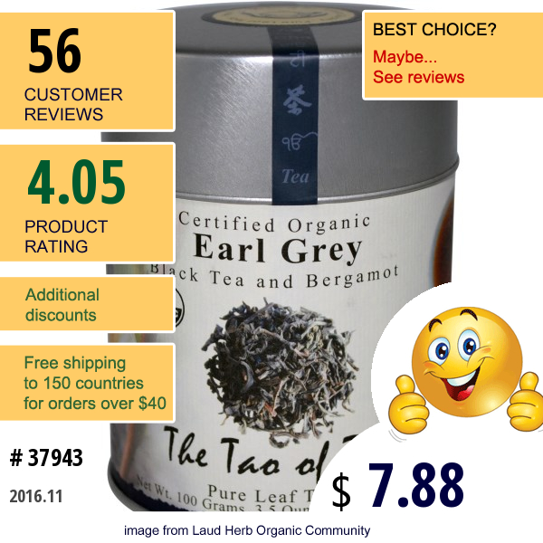 The Tao Of Tea, Certified Organic Black Tea And Bergamot, Earl Grey, 3.5 Oz (100 G)