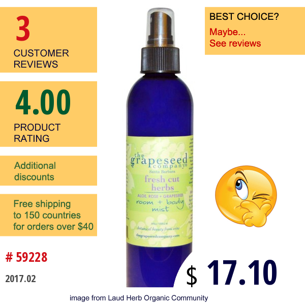 The Grapeseed Company Santa Barbara, Fresh Cut Herbs, Room +  Body Mist,  8.8 Oz (260 Ml)  