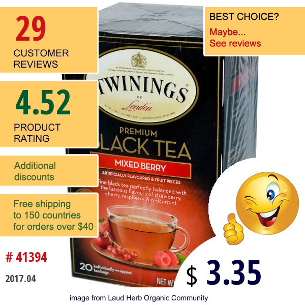 Twinings, Premium Black Tea, Mixed Berry, 20 Tea Bags, 1.41 Oz (40G)