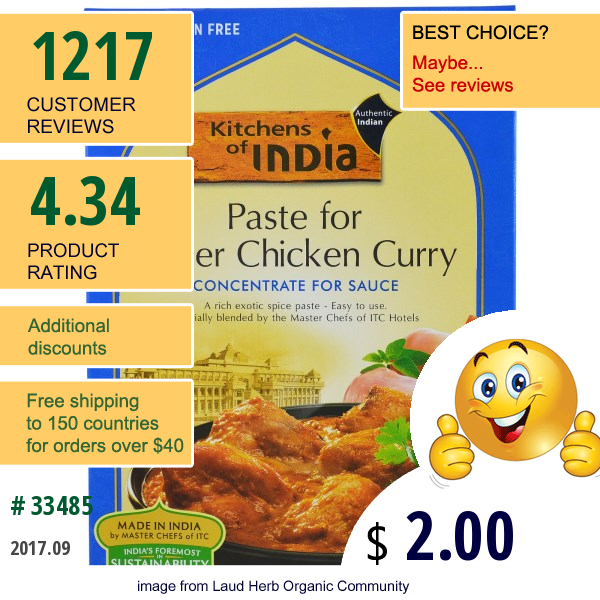 Kitchens Of India, Paste For Butter Chicken Curry, Concentrate For Sauce, Mild, 3.5 Oz (100 G)