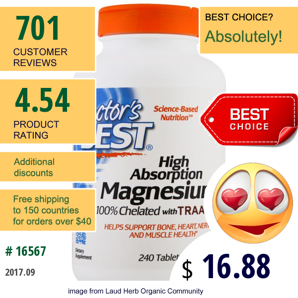 Doctors Best, High Absorption Magnesium, 100% Chelated, 240 Tablets