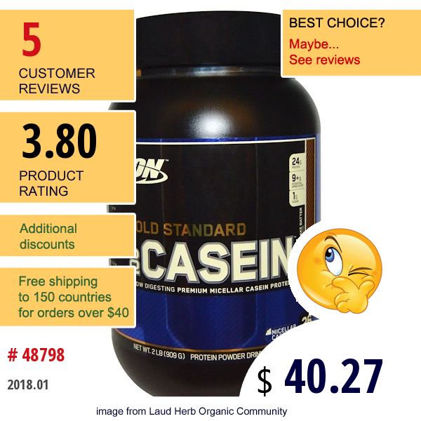 Optimum Nutrition, Gold Standard, 100% Casein, Protein Powder Drink Mix, Chocolate Cake Batter, 2 Lbs (909 G)  