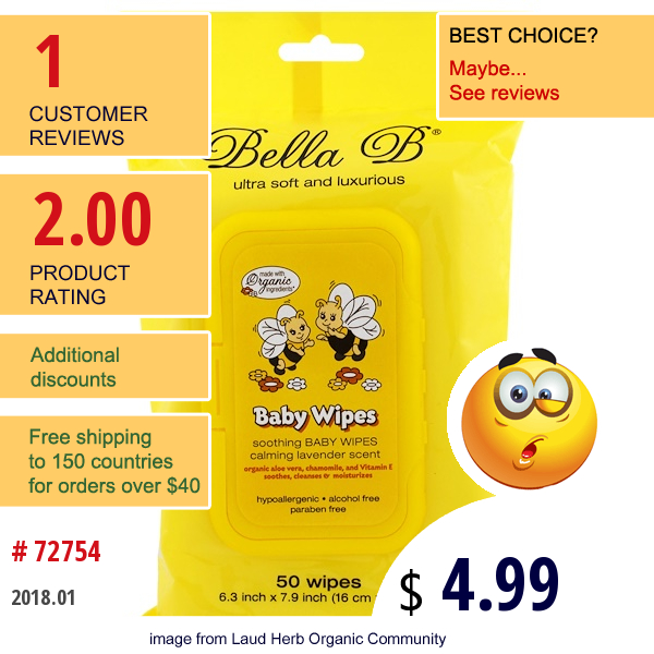 Bella B, Baby Wipes, Calming Lavender Scent, 50 Wipes - 6.3 Inch X 7.9 Inch