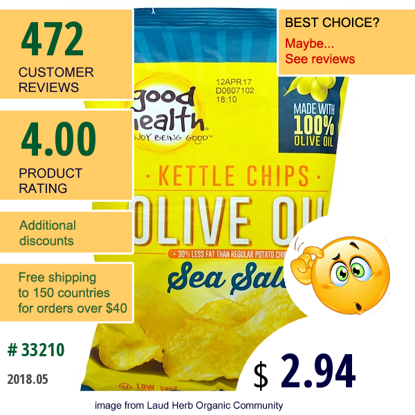 Good Health Natural Foods, Kettle Style Chips, Olive Oil, Sea Salt, 5 Oz (141.7 G)