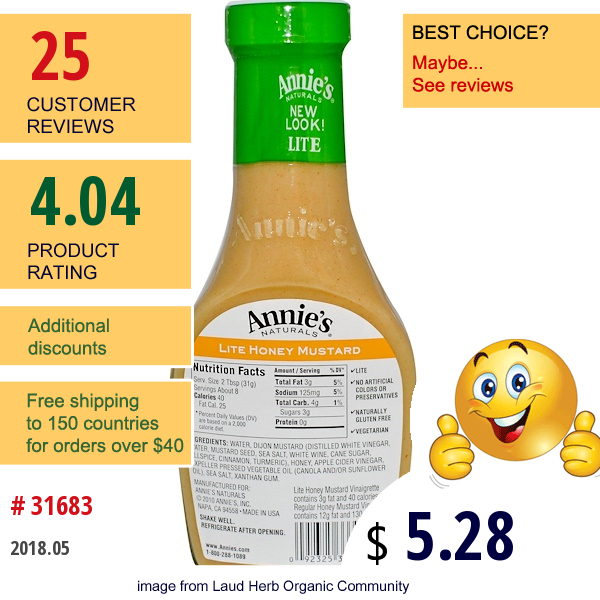 Annies Naturals, Lite, Honey Mustard Vinaigrette, 8 Fl Oz (236 Ml)