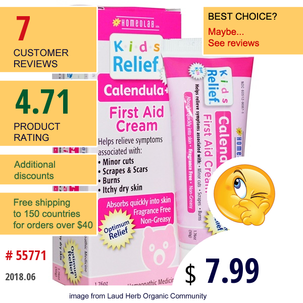 Homeolab Usa, Kids Relief, First Aid Cream, Calendula +, 1.76 Oz (50 G)