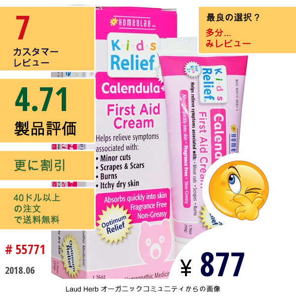 Homeolab Usa, Kids Relief™（キッズ リリーフ）、応急処置クリーム、カレンデュラ他配合、 1.76オンス(50 G)