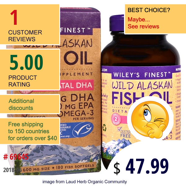 Wileys Finest, Wild Alaskan Fish Oil, Prenatal Dha, 600 Mg, 180 Fish Softgels