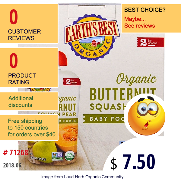 Earths Best, Organic Butternut Squash Pear, Baby Food Puree, 6+ Months, 4 Pouches, 4.0 Oz (113 G) Each